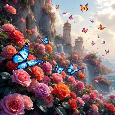 Primary subject: A beautiful scene of a butterfly flying past a hillside filled with pink and orange flowers.

Setting/background: The hillside is covered with a variety of pink and orange flowers, creating a vibrant and lush atmosphere.

Visual style: The image is a digital artwork, featuring a detailed and colorful representation of the butterfly and the flower-covered hillside.

Colors and mood: The dominant colors in the image are pink, orange, and